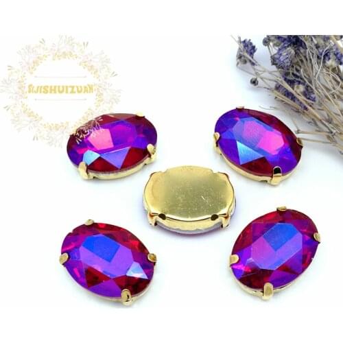 Red AB Dazzle color oval shape Glass Crystal sew on rhinestones with GOLD four claw Diy weddingdress Free shipping