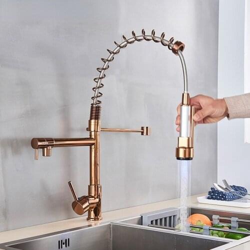 LED Light Kitchen Faucet Rose Gold Pull out Side Sprayer Spring 360 Rotation Dual Swivel Spout Crane Hot Cold Water Mixer Taps