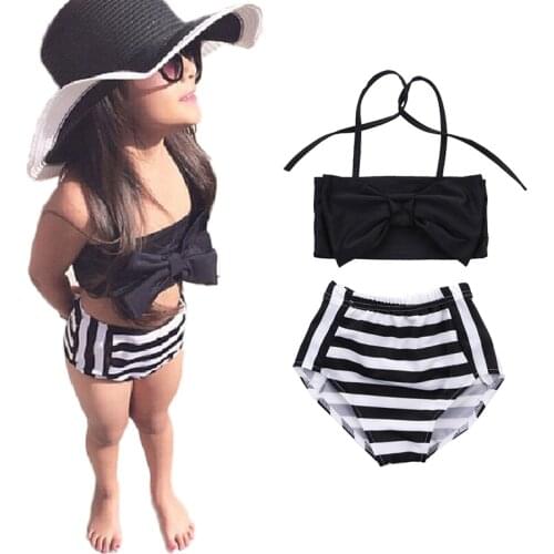 Toddler Baby Kids Girl Swimsuit Striped Halter Top+High Wasit Shorts Baby Casual Lovely Bikini Set Bathing Suit Swimwear 2-7T