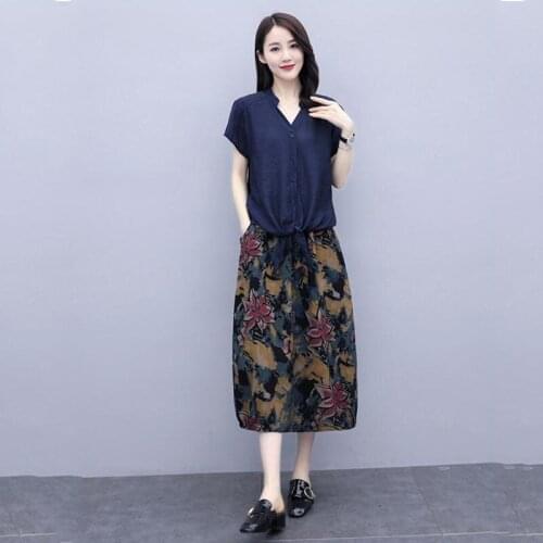 Summer Female Suit Cotton Blouse Casual Red Navy Lace-Up Blouse Two-Piece Mujer Long Skirt Print Slim A-Line Full Skirt Feminine