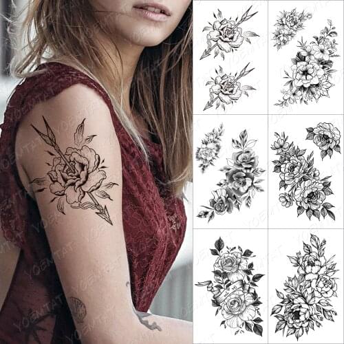 Lines Roses Snake Flowers Temporary Tattoo Sticker For Women Adult Peony Waterproof Fake Henna Old School Body Art Tattoo Decal