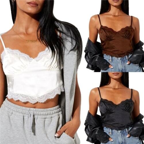 2021 Fashion Women Sexy Tank Tops Spaghetti Straps Lace Trim V Neck Camisole Bralettes Vests Solid Color Casual Summer Sun-Tops