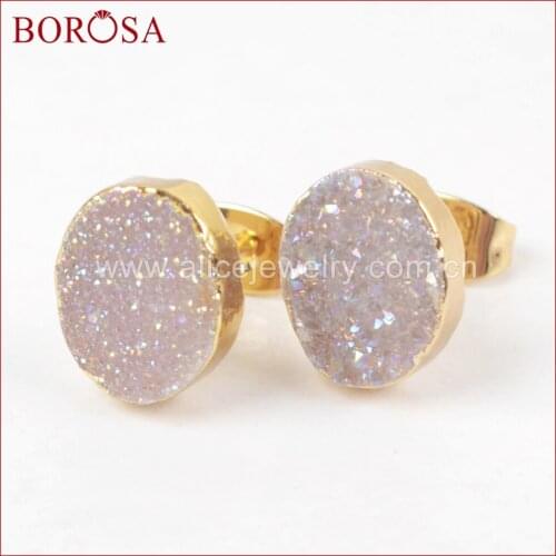 BOROSA Fashion Druzy Stone Stud Earrings,Oval Gold Color Natural Drusy Crystal Titanium Rainbow Druzy Stud Earrings G1276