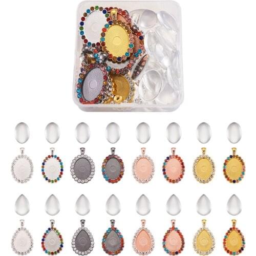 32pcs/Box DIY Flat Round Glass Rhinestone Pendant Cabochon Setting Making Kits For Necklace Jewelry DIY Making Decor Accessories