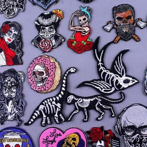 Skeleton Dinosaur Cat Patch Skull Iron On Patches Punk Hippie Embroidered Patches On Clothes Applique Stripes For Jackets Badge