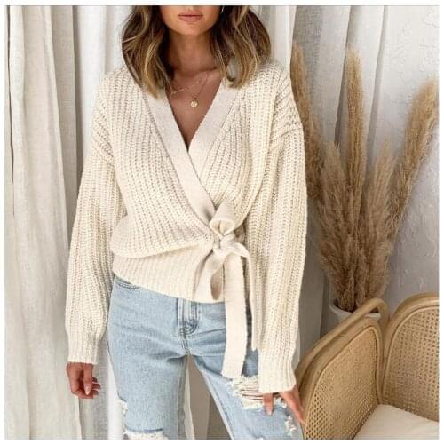 New 2020 Spring Winter Elegant Up Beige Knitted Sweaters Ladies Solid Tops Long Sleeve Sweater Women Pullovers Female S-XL