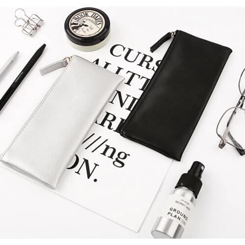 Kinbor Pen Bag Simple Creative PU Hand Bag Cosmetic Bag Stationery Box Simple Large Capacity Student Pencil Bag