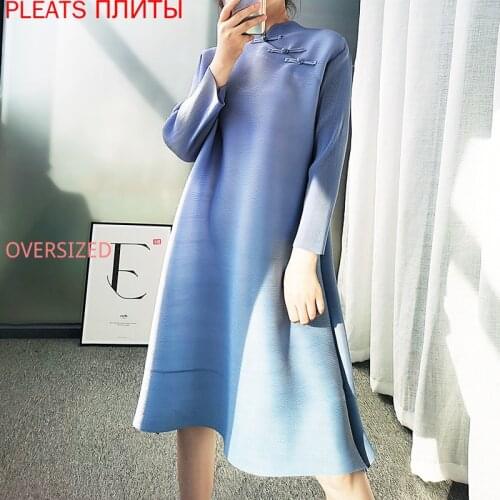 Miyake Fold Autumn Ancient Style Cheongsam Dress Loose Elegant Retro Atmosphere Solid Color Pleats Vestido