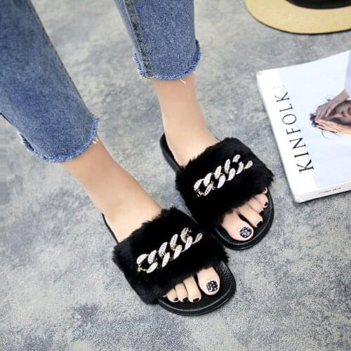 Bailehou Women Fur Slippers Fashion Chain Slides Flat Casual Shoes Women Plush Winter Shoes fuzzy indoor fur slipper Sandal