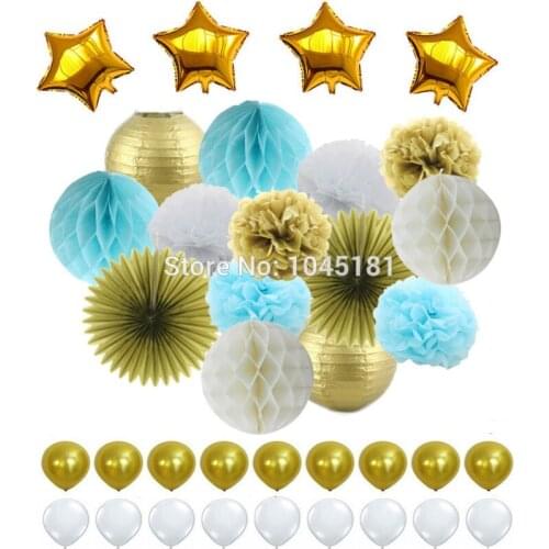 Blue White Gold Tissue Paper Pom Poms&Honeycomb Ball&Lantern,Foil Star&Latex Balloons for Party Wedding Baby Shower Decorations