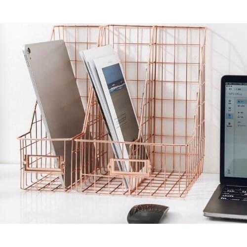 Nordic Wrought Iron Double Grid File Holder Desk Shelf Magazine Book Storage Rack Office Stationery Organizer
