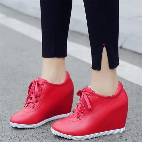 2020 Trainers Women Lace Up Genuine Leather Wedges High Heel Platform Pumps Shoes Female Round Toe Fashion Sneakers Casual Shoes