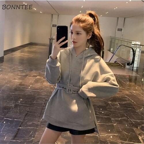 Sweatshirts Women Embroidery Gray Korean Style All-match Ins Solid Popular Hooded Mujer Pullovers Sashes Simple College Clothing