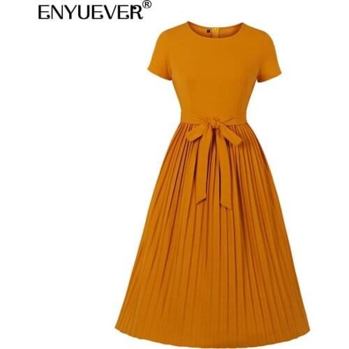 Enyuever Elegant Women Casual Dresses Summer Clothes Short Sleeve Belt Patchwork Midi Party Pleated Dress Streetwear