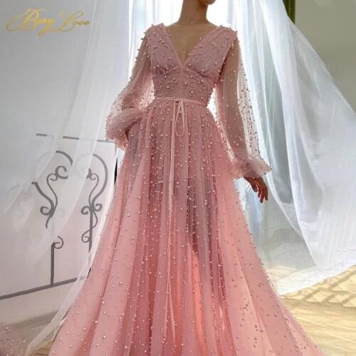 Pink Pearls Prom Dresses V Neck Long Sleeves Floor Length Elegant Evening Dresses Ribbons Beading Robes de soirée