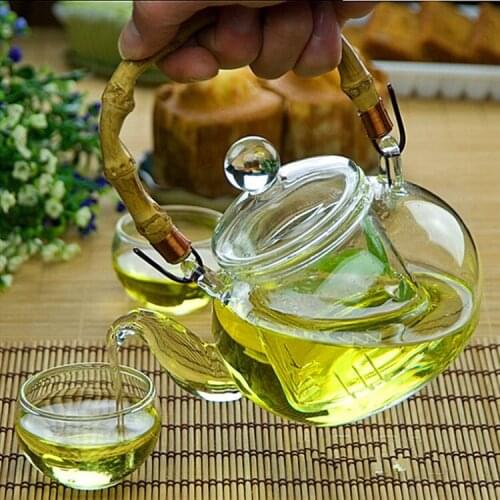 1PC Bamboo Handle Blooming Loose Leaf Tea Pot with Glass Strainer Safe Lid Dishwasher Stovetop Safe Teaset Kettle JO 1034