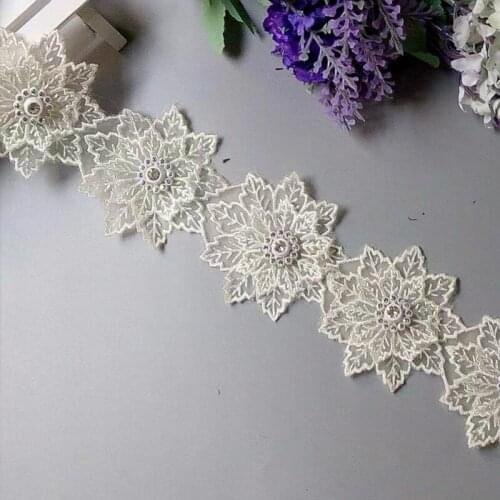 1 yard Ivory Pearl Beaded Embroidered Flower Lace Ribbon Trim Floral Applique Patches Fabric Sewing Craft Vintage Wedding Dress