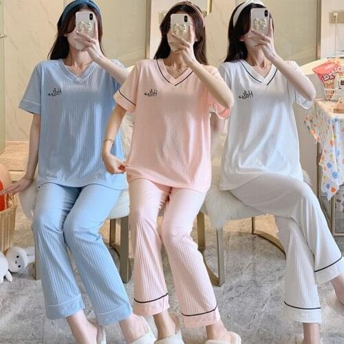 2021 New Summer Short Sleeve Long Pants Pajama Sets Women Cotton V-neck Sleepwear Suit Pyjama Homewear Pijama Mujer Home Clothes