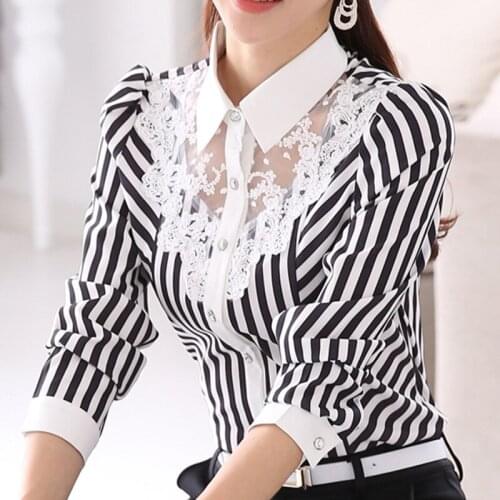 Elegant Women Black White Striped Chiffon Blouse Female Loose Crochet Hollow Out Lace Shirt 4xl Plus Size Work Wear Office Tops