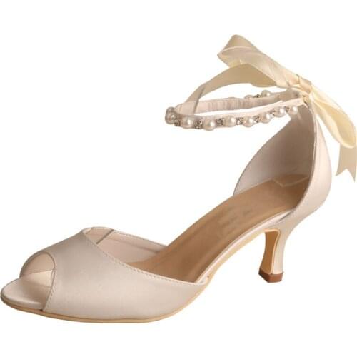 Pearl Ankle Strap Sandal Heels Wedding Peep Toe Summer Shoes Bridal Ivory 6.5CM