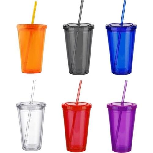 500ml Travel Mug With Straw Reusable Smoothie Plastic Iced Tumbler Double-walled Ice Cold Drink Coffee Juice Tea Cup
