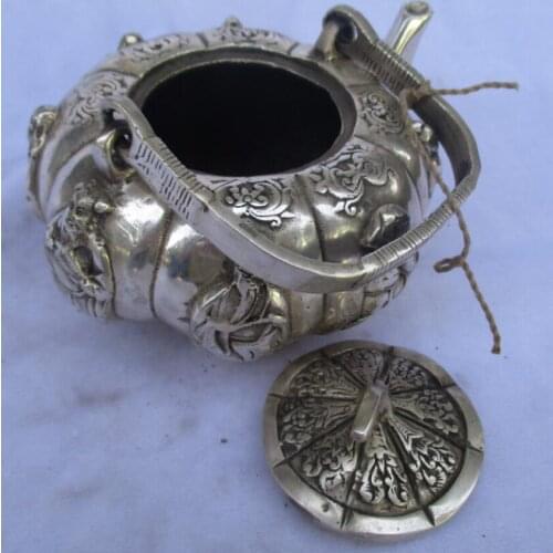 Collectible Decorated Old Handwork Tibet Silver Carved Pumpkin style 8Immortals Handle Teapot/Flagon