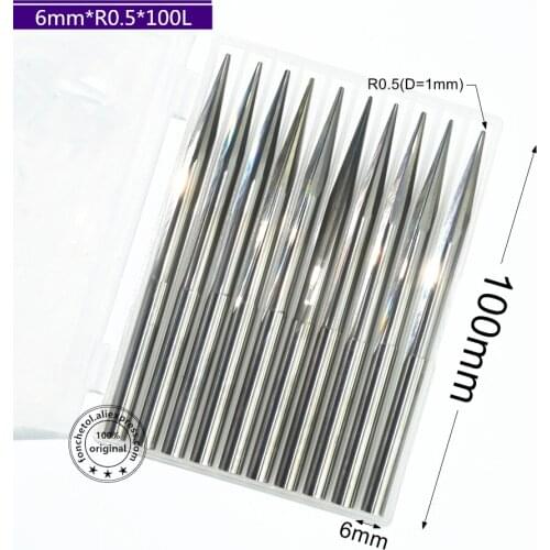 6mm*R0.5*100L,10pcs,Free shipping Taper Ball nose End Mill,CNC milling Cutter,Solid carbide tool,woodworking router bit