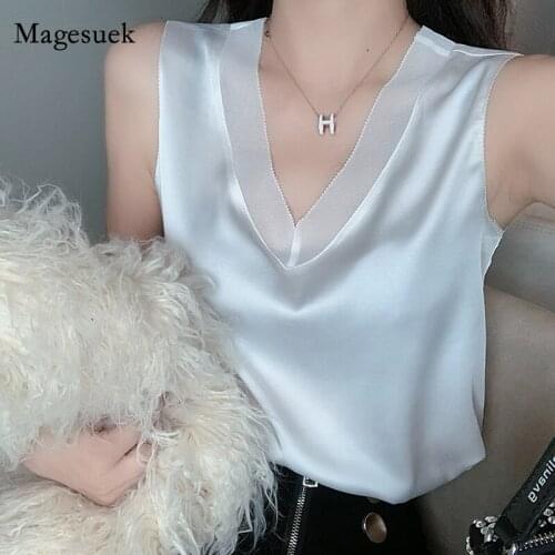 Sexy V-neck Tank Tops Sleeveless Silk Satin Tops for Women Plus Size Woman Top Vest Mesh Female White Basic Woman Clothing 13743