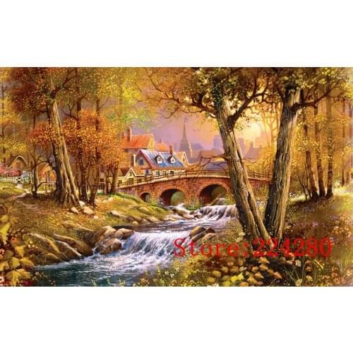 The bridge brook scenery Autumn forest Needlework Crafts 14ct Handmade Embroidery Counted Cross Stitch Kits Set DIY Home de