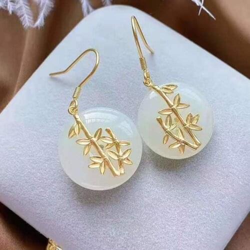 New silver inlaid natural Hetian white jade gilt bamboo leaf earrings peaceful retro Chinese style elegant ladies brand jewelry
