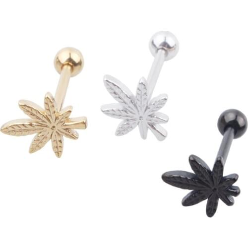 New Leaf Tongue Bar Stainless steel tongue nail puncture jewelry tongue ring leaves nail Steel Black Gold 14G Body Piercing