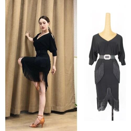 New Latin Dance Dress Women Sexy Black Fringe Latin Practice Dress Rumba Performance Costume Tango Professional Clothes DQL1273