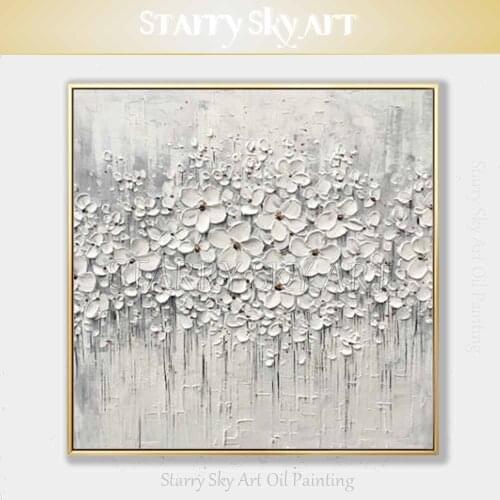 Professional Artist Hand-painted Knife Painting Textured White Flower Oil Painting Textured Thick Paint White Flower Painting