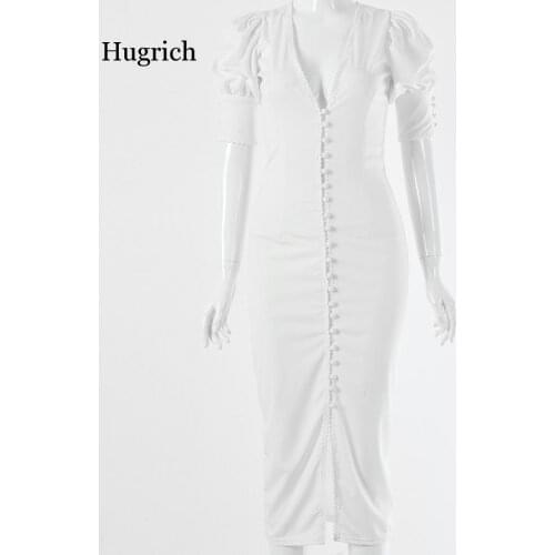 Puff Sleeve Sexy Bodycon Women Open Buttons Slit Long Pencil Fashion Ladies Casual Autumn Dress