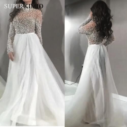 SuperKimJo High Neck White Prom Dresses Long Sleeve Beaded Arabic Elegant Prom Gown 2020 Vestidos De Gala Elegante