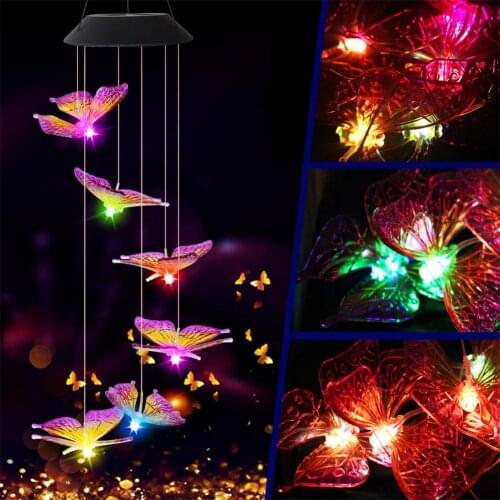 Solar Energy Change Color Led Big Butterfly Wind Chime Home Garden Decoration Light