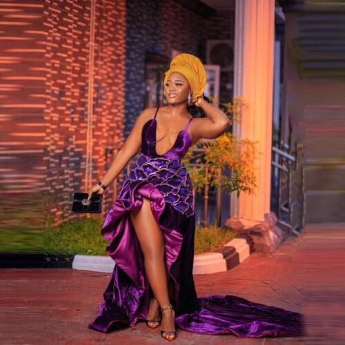 Unique Designer Mermaid Evening Dresses With Strapls High Slit Sequins Ruffles Velvet Aso Ebi Prom Gowns Long Zipper Back