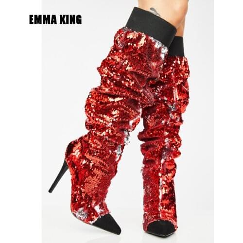 2021 Spring Sequined Cloth Boots Womens Knee High Boots Sexy Blingbling Pointed Toe Stage Performance High Heel Women Shoes