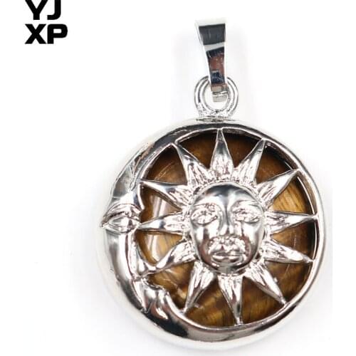 YJXP Round Shape Sun Pattern Locket Pendants Natural Tiger Eye Stone Amulet Lucky Pendant for Necklaces Fashion Jewelry 1 Pc