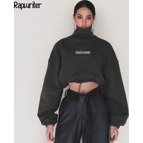 Rapwriter Fashion Harajuku Cotton Turtleneck Sweatshirt Women 2020 Autumn Loose Long Sleeve Fitted Waist Crop Top Pullovers