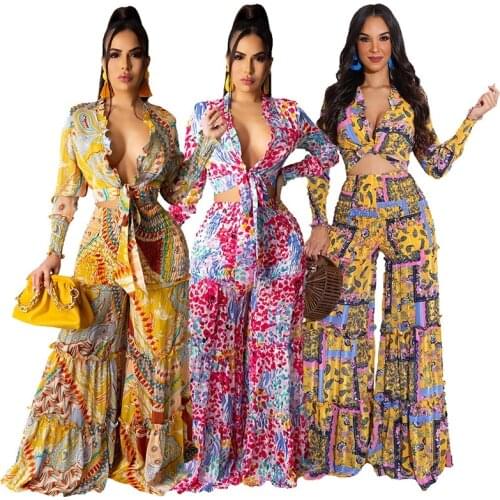 Floral Print Women 2pcs Set Bihemian Style Autumn Long Sleeve Deep V Neck Tie Up Crop Top Casual Wide Leg Trousers Chiffon Set
