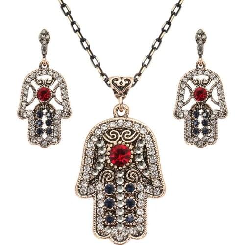 Bohemian Retro Necklace ladies Earrings Set Turkey Fatima Palm pendant Crystal Flower Jewelry Ethiopian women necklace