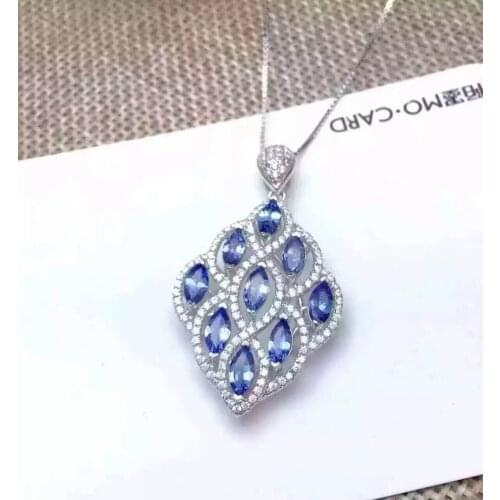 Natural blue topaz stone pendant S925 silver Natural gemstone Pendant Necklace trendy Elegant Leaves women party gift jewelry