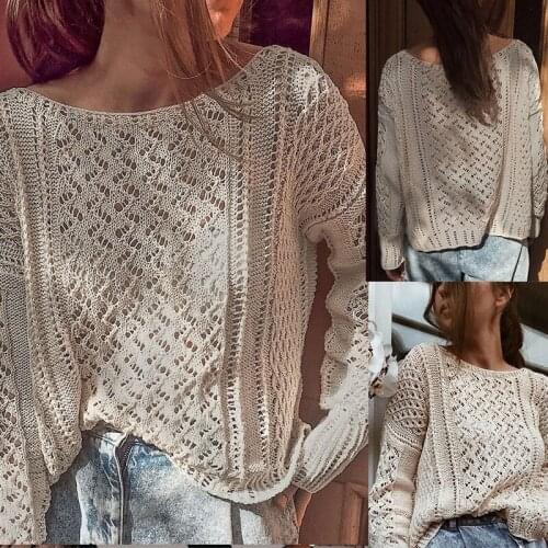 Womens Fashion Casual Solid Color Round Neck Loose Hollow Knitted Sweater Apricot