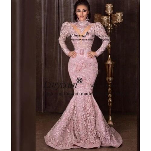 High Neck Long Sleeves Mermaid Prom Dresses 2021 Full Lace Evening Dress Sweep Train Zipper Back Formal Gowns Vestidos de gala