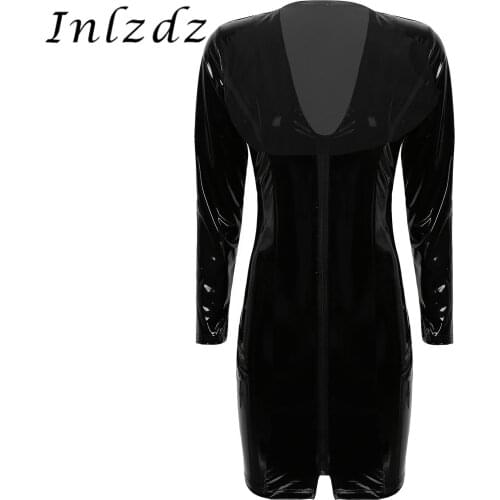 Womens Lingerie Deep V Neck Patent Leather Bodycon Dress Long Sleeve Front Zipper Mini Dress Clubwear Bar Performance Costume
