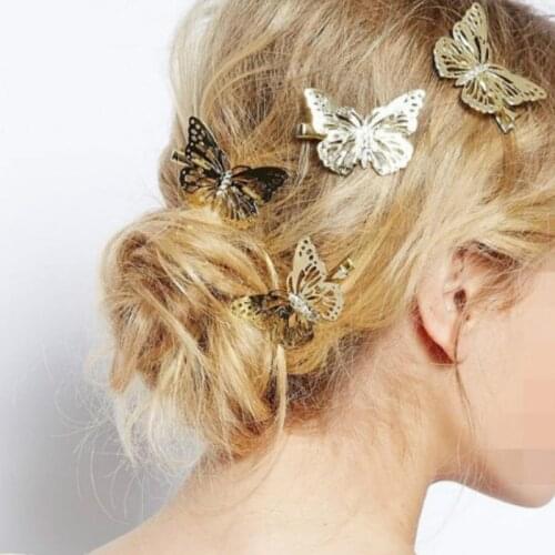 2Pcs Fashion French Gold Hollow Butterfly Hair Clip Hairpin Cute Hairwear Imitation Bridal Hairpin Animal Jewelry for Girls