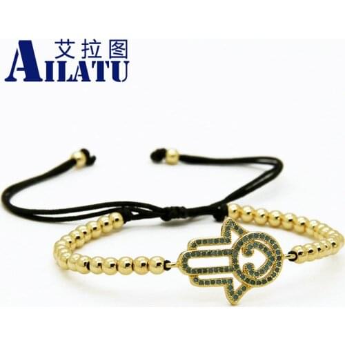 Ailatu 10pcs/lot 4mm High Quality Copper Beads with Blue Stone Micro Pave Hamsa Fatima Hand Macrame Bracelets