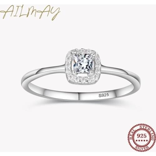 Ailmay 100% 925 Sterling Silver Fashionc Luxury Square Clear Zircon Rings For Women Wedding Statement Fine Silver Jewelry