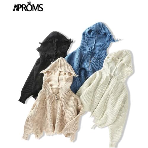 Aproms Casual Tassel Hooded Knitted Sweater Women Zipper Loose Cropped Cardigans 2020 Winter Coat Cool Gilrs Streetwear Jumper